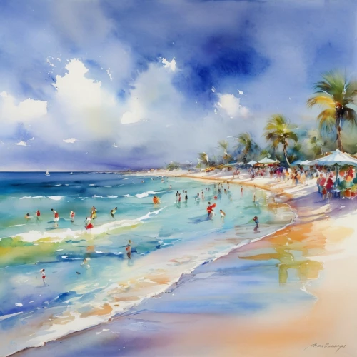 beach landscape,watercolor palm trees,watercolor painting,watercolor,beach scenery,caribbean beach,umbrella beach,watercolor blue,waikiki beach,watercolorist,donsky,cuba beach,dream beach,watercolor background,paradise beach,tropical beach,white sandy beach,white sand beach,beautiful beaches,watercolor pencils,Illustration,Paper based,Paper Based 11