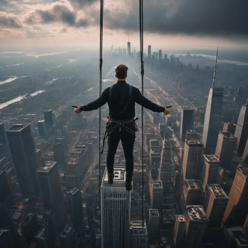 skywalking,acrophobia,tightrope,tightrope walker,vertiginous,volador,skycraper,above the city,highwire,abseiled,wallenda,skydeck,risking,daredevils,skyscraping,freefall,abseil,dangling,precarious,conceptual photography,Photography,General,Fantasy