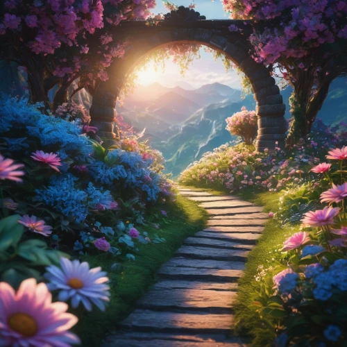 pathway,beautiful wallpaper,full hd wallpaper,nature wallpaper,flower background,the mystical path,nature background,flower wallpaper,splendor of flowers,fantasy landscape,fantasy picture,spring background,the path,landscape background,springtime background,way of the roses,forest path,flower in sunset,heaven gate,blooming field,Photography,General,Fantasy