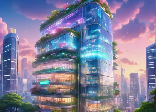 sky apartment,futuristic architecture,cybercity,arcology,skyscraper,cybertown,futuristic landscape,skyscraping,residential tower,megapolis,ecotopia,sedensky,apartment block,the skyscraper,skyscraper town,skycraper,sky city,highrises,apartment building,high-rise building,Illustration,Japanese style,Japanese Style 02
