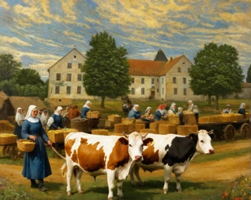 agricultural scene,holsteiners,boteler,oxen,straw carts,village scene,straw cart,holstein,cheesemakers,agriculture,farm landscape,ploughing,agriculturalists,the production of the beer,gleaners,harvest festival,agricultural machine,livestock farming,oxcarts,agricultores