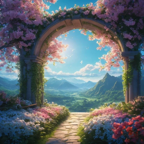 heaven gate,rose arch,fantasy landscape,gateway,archway,landscape background,flower garden,fairyland,blooming field,archways,fairy world,frame flora,flowers celestial,flower background,full hd wallpaper,springtime background,windows wallpaper,tunnel of plants,way of the roses,flowers frame,Photography,General,Fantasy