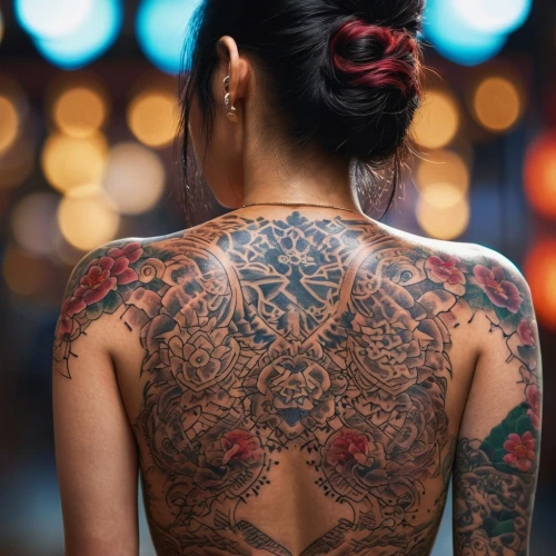 tattoo girl,geisha girl,geiko,japanese woman,oriental girl,geisha,girl in a long dress from the back,oiran,sichuanese,woman's backside,yakuza,tats,tattooed,ribs back,with tattoo,maiko,asian woman,cheongsam,lotus tattoo,tatuus,Photography,General,Commercial