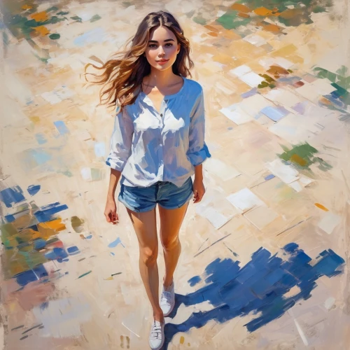 girl walking away,woman walking,donsky,mousseau,girl in a long,girl in t-shirt,impressionist,girl with cloth,girl portrait,girl in cloth,sorescu,chudinov,pittura,dussel,rahimov,nestruev,zhulin,young woman,oil painting,dmitriev,Conceptual Art,Oil color,Oil Color 10