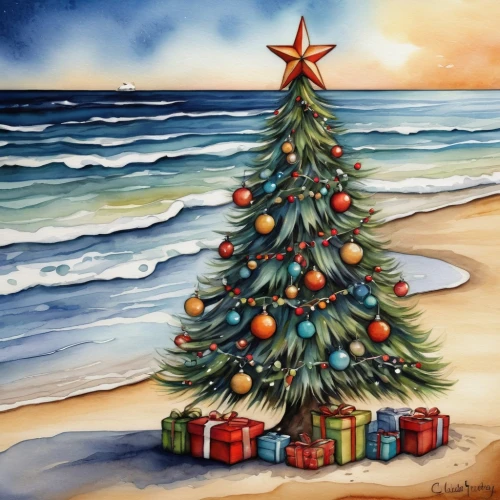 christmas on beach,watercolor christmas background,santa claus at beach,christmas landscape,christmas island,christmasbackground,christmas motif,natal,christmases,christmas background,colored pencil background,christmastide,watercolor pine tree,seasonal tree,the christmas tree,watercolor christmas pattern,the occasion of christmas,christmastime,presents,christmas scene,Conceptual Art,Daily,Daily 34