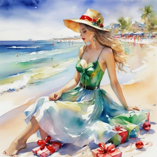 watercolor painting,watercolor,watercolor women accessory,watercolor background,watercolorist,watercolor pin up,donsky,watercolour paint,art painting,watercolourist,water colors,watercolor pencils,aquarelle,italian painter,christmas on beach,beautiful beach,watercolours,watercolors,photo painting,holidaymaker,Illustration,Paper based,Paper Based 11