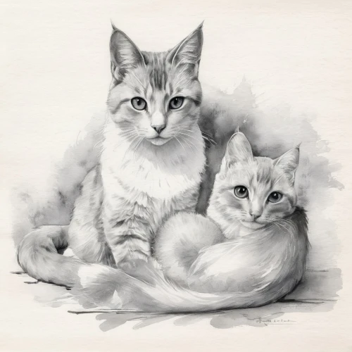georgatos,two cats,vintage cats,catterns,cat family,cat drawings,cat line art,felines,gatos,young couple,persians,kittens,felids,mother and infant,cat portrait,abyssinians,cat lovers,drawing cat,tabbies,elderly couple,Illustration,Black and White,Black and White 30