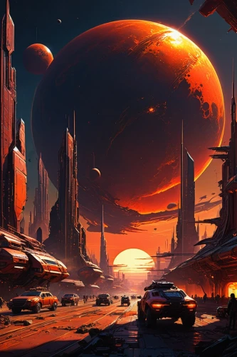 futuristic landscape,alien planet,extrasolar,barsoom,homeworld,homeworlds,alien world,red planet,scifi,offworld,gas planet,sci fi,habitable,gliese,farpoint,sci - fi,fire planet,exoplanet,sci fiction illustration,cosmodrome,Conceptual Art,Sci-Fi,Sci-Fi 01