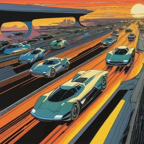 superhighways,schuiten,schuitema,ford gt 2020,evening traffic,vanishing point,mcquarrie,superhighway,traffic jams,traffic jam,autopia,convoy,futuristic landscape,tunnelers,motorcades,super cars,supercruise,autotrends,fast cars,freeways,Illustration,American Style,American Style 14