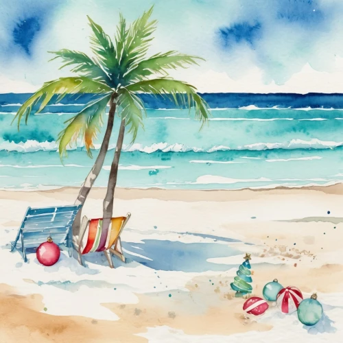 watercolor palm trees,watercolor christmas background,watercolor background,beach landscape,beach scenery,beach chairs,christmas on beach,beach background,dream beach,coconut trees,watercolor painting,tropical beach,summer beach umbrellas,caribbean beach,beach chair,watercolor,watercolor sketch,beach furniture,water color,colored pencil background,Illustration,Paper based,Paper Based 25