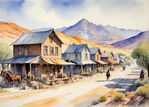 watercolor shops,wooden houses,mountain village,alpine village,watercolor,barkerville,watercolor painting,mountain huts,boardinghouses,oatman,mountain settlement,arrowtown,watercolorist,manzanar,jackson hole store fronts,village life,watercolourist,old wagon train,bunkhouses,village scene,Illustration,Paper based,Paper Based 07
