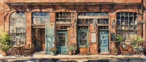 watercolor shops,old brick building,facade painting,watercolor tea shop,watercolor cafe,abandoned building,storefronts,dilapidated building,store front,old windows,store fronts,warehouses,nola,row of windows,old factory building,old factory,storefront,warehouse,shopfronts,antique construction,Illustration,Paper based,Paper Based 25