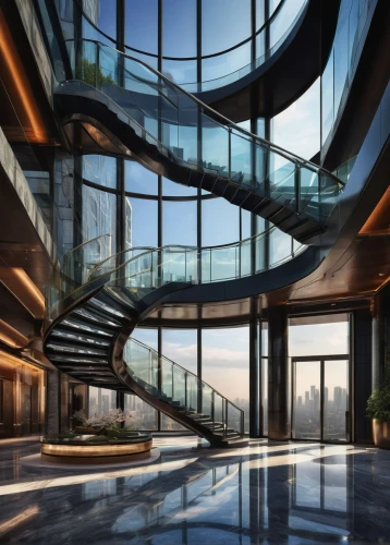 futuristic architecture,penthouses,skywalks,glass facade,skybridge,spiral staircase,winding staircase,glass wall,glass building,circular staircase,the observation deck,structural glass,glass facades,staircase,observation deck,outside staircase,skywalk,oscorp,arcology,staircases,Illustration,Realistic Fantasy,Realistic Fantasy 34