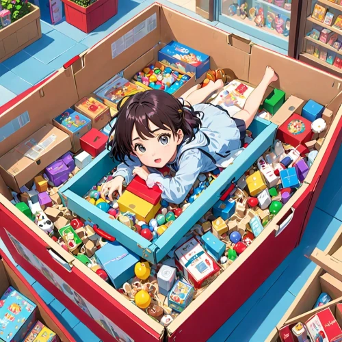 toy box,toybox,tomato crate,boxful,toy store,gacha,crate of fruit,toyshop,kumiko,hamster shopping,container,containerized,crate of vegetables,shopkeeper,hikikomori,storeship,suzumiya,stacked containers,nouaimi,toysmart,Anime,Anime,Traditional