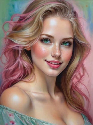 photo painting,art painting,airbrush,oil painting,oil painting on canvas,romantic portrait,young woman,portrait background,world digital painting,donsky,airbrushing,girl portrait,blonde woman,fantasy art,fantasy portrait,airbrushed,pink beauty,photorealist,beautiful young woman,colour pencils,Illustration,Realistic Fantasy,Realistic Fantasy 30