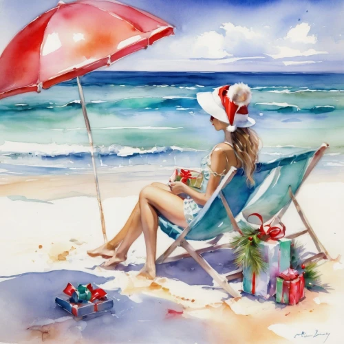 santa claus at beach,christmas on beach,christmas pin up girl,holidaymaker,pin up christmas girl,watercolor christmas background,donsky,christmas woman,beach chair,presents,summer beach umbrellas,beachwear,december,watercolor painting,beach umbrella,christmas island,christmases,blonde girl with christmas gift,christmas day,plage,Illustration,Paper based,Paper Based 11