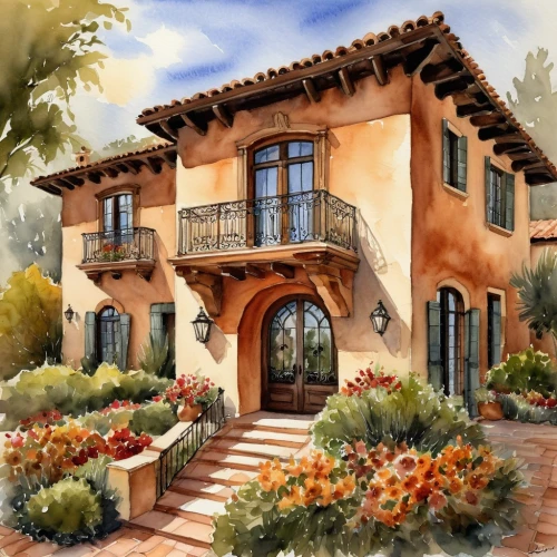 houses clipart,home landscape,exterior decoration,beautiful home,hacienda,casabella,townhome,country estate,stucco frame,country house,house painting,luxury home,traditional house,townhomes,wrought iron,house drawing,villa,tuscan,casa,large home,Illustration,Paper based,Paper Based 24