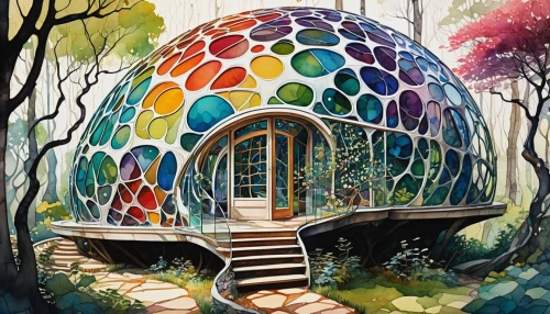 earthship,house in the forest,cubic house,dreamhouse,round hut,fairy house,cube house,round house,treehouse,forest house,geodesic,tree house,tree house hotel,mirror house,biosphere,yurts,greenhouse,chemosphere,igloos,musical dome,Conceptual Art,Sci-Fi,Sci-Fi 01