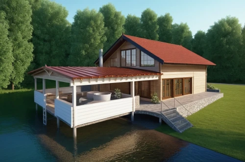 house by the water,house with lake,houseboat,boat house,boathouse,3d rendering,boat shed,sketchup,floating huts,boatshed,stilt house,houseboats,boathouses,deckhouse,summer cottage,render,wooden house,pool house,summer house,3d render,Photography,General,Realistic