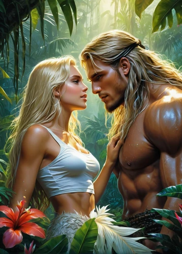 adam and eve,garden of eden,tarzan,amazonians,cairenes,fantasy picture,romantic scene,orishas,warrior and orc,mirin,fantasy art,herculean,romantic portrait,beautiful couple,man and woman,contra,garamantes,tropico,supercouple,pareja,Conceptual Art,Fantasy,Fantasy 12