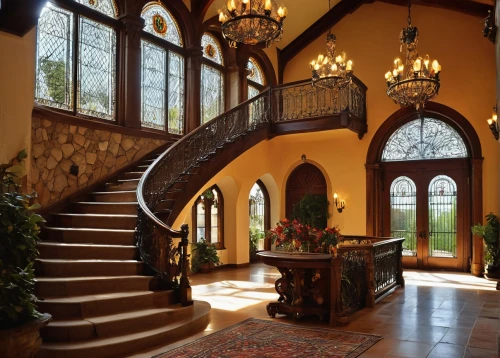 entryway,outside staircase,staircase,entrance hall,winding staircase,luxury home interior,foyer,cochere,entryways,circular staircase,mansion,staircases,ornate room,hallway,entranceway,wooden stair railing,balusters,stone stairs,upstairs,beautiful home,Illustration,American Style,American Style 05