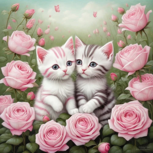pink roses,kiss flowers,flower background,pink daisies,pink floral background,pink flowers,cat lovers,cute cartoon image,flowers png,twin flowers,sugar roses,flower cat,kittens,floral background,roses daisies,tabbies,two cats,rosebuds,cute animals,noble roses,Illustration,Abstract Fantasy,Abstract Fantasy 06