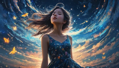 mystical portrait of a girl,astral traveler,falling stars,astronomer,falling star,celestial,sci fiction illustration,markarian,world digital painting,cosmogirl,nebula,cielo,fantasy picture,stargazer,universe,space art,galaxy,cosmological,cosmos,cosmosphere,Photography,General,Fantasy