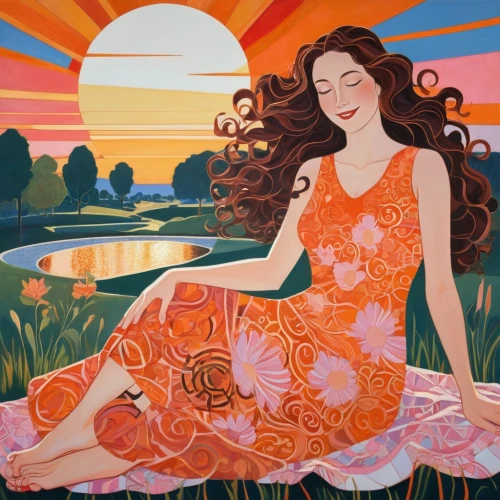 girl lying on the grass,iconographer,orange blossom,tretchikoff,mcginness,diwata,orangefield,aradia,chiaradia,blumstein,ariadne,khokhloma painting,carol colman,girl in the garden,huong,bluemner,grasset,melusine,boho art,eckmann,Art,Artistic Painting,Artistic Painting 44