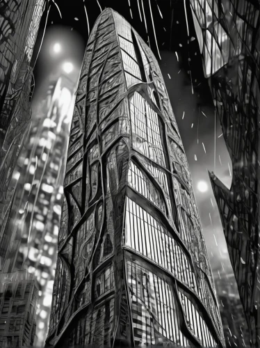 arcology,black city,coruscant,metropolis,shard of glass,gotham,city scape,chrysler building,supertall,highrises,cybercity,skyscraping,oscorp,unbuilt,futuristic architecture,tall buildings,sci fiction illustration,gothams,cityscapes,cityscape,Illustration,Black and White,Black and White 11
