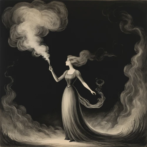 smoke dancer,fire eater,conjure,smoking girl,fire dancer,hecate,girl smoke cigarette,burning cigarette,mystical portrait of a girl,cigarette girl,sorceress,persephone,gaslight,cloud of smoke,mouring,spellcasting,smoky,magick,torchbearer,abstract smoke,Illustration,Black and White,Black and White 23