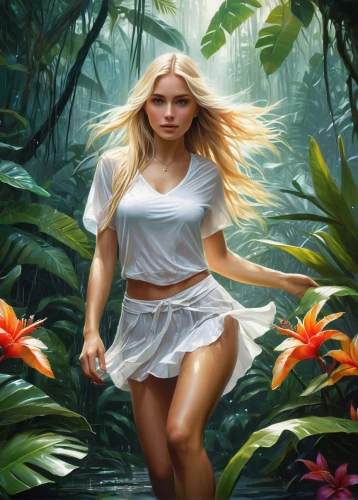 girl in the garden,fantasy picture,girl in flowers,fantasy art,faerie,garden of eden,secret garden of venus,the blonde in the river,faery,world digital painting,female runner,kupala,mystical portrait of a girl,amazonia,garden fairy,tropical house,tropical forest,nature background,blond girl,tropical bloom,Conceptual Art,Fantasy,Fantasy 12