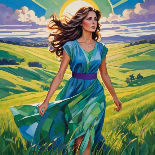 girl in a long dress,little girl in wind,countrywoman,shepherdess,woman walking,celtic woman,margaery,thyatira,windswept,landscape background,windblown,xanth,walking in a spring,lughnasa,golf course background,shusterman,collingsworth,springtime background,countrywomen,country dress,Art,Artistic Painting,Artistic Painting 44