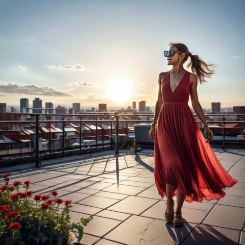 on the roof,roof garden,man in red dress,rooftop,roof terrace,rooftops,lady in red,roof top,girl in red dress,red cape,women fashion,above the city,woman silhouette,girl in a long dress,highline,skybar,penthouses,red gown,skypark,paris balcony