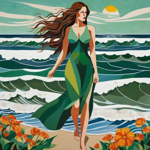 amphitrite,beach background,art deco woman,mermaid background,wahine,surfwear,mermaid vectors,hualalai,the wind from the sea,the sea maid,art deco background,dyesebel,vector illustration,fashion vector,beach towel,ondine,sea beach-marigold,girl in a long dress,summer clip art,sun and sea,Art,Artistic Painting,Artistic Painting 44