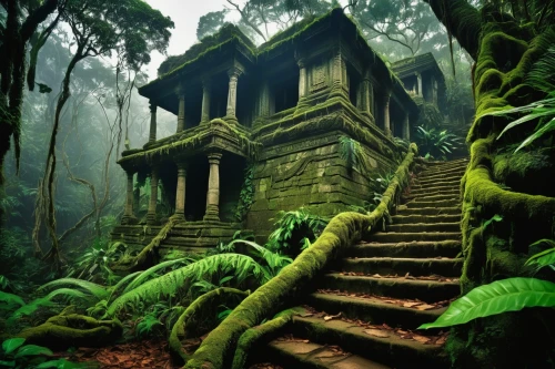 ancient house,house in the forest,forest house,abandoned house,abandoned place,tropical house,witch's house,ancient building,ancient ruins,yavin,abandoned places,ancient buildings,lost place,temples,tropical forest,forest chapel,thai temple,lost places,asian architecture,rathas,Art,Artistic Painting,Artistic Painting 38