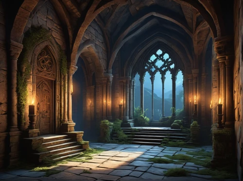 hall of the fallen,labyrinthian,doorways,undercroft,alcove,sanctuary,cathedrals,archways,sepulchres,undercity,portcullis,mausoleum ruins,cloistered,threshold,neverwinter,ravenloft,cloisters,shadowgate,the threshold of the house,neogothic,Art,Artistic Painting,Artistic Painting 21