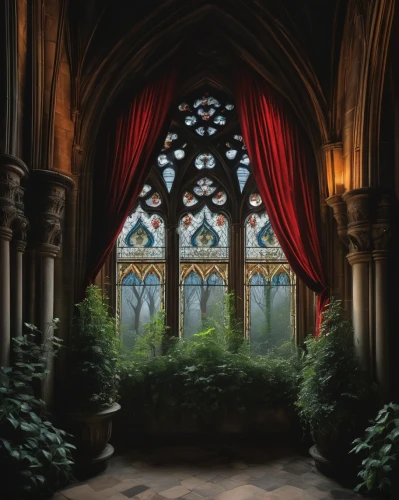 alcove,forest chapel,hall of the fallen,sanctuary,stained glass windows,chhatris,crypt,cloisters,stained glass window,undercroft,ornate room,the window,rivendell,victorian room,cloister,highclere castle,dandelion hall,conservatory,tyntesfield,stained glass,Conceptual Art,Fantasy,Fantasy 20
