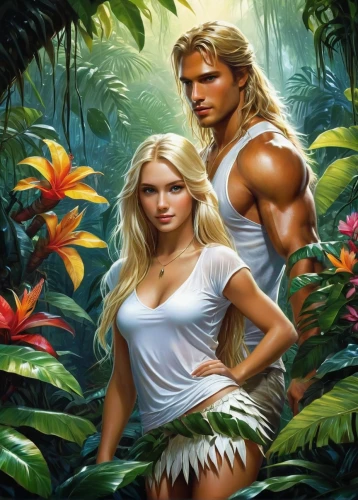 adam and eve,garden of eden,amazonians,cairenes,fantasy picture,tarzan,kamandi,elfquest,polynesians,orishas,fantasy art,girl and boy outdoor,beautiful couple,pareja,young couple,centaurs,parejas,contra,junglee,turok,Conceptual Art,Fantasy,Fantasy 12