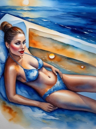 watercolor pin up,girl on the boat,oil painting,oil painting on canvas,donsky,azzurra,tymoshenko,art painting,jasinski,photo painting,airbrush,azzurro,watercolor painting,glass painting,pin-up girl,peinture,blue painting,nereid,water color,the sea maid,Illustration,Paper based,Paper Based 24