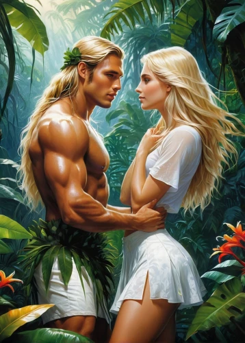 adam and eve,garden of eden,cairenes,fantasy picture,amazonians,romantic scene,tarzan,orishas,romancing,coconut perfume,tropico,garamantes,romantic portrait,contra,fantasy art,pareja,rugal,secret garden of venus,young couple,parejas,Conceptual Art,Fantasy,Fantasy 12