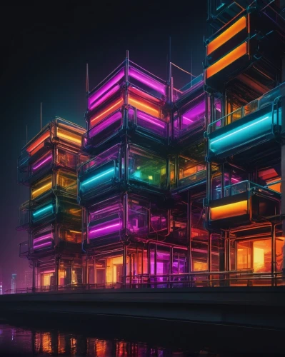 hypermodern,apartment block,colorful city,colored lights,tetris,cybertown,fractal lights,cybercity,apartment building,futuristic architecture,cubic house,arcology,shipping containers,lofts,electrohome,cyberport,urban towers,multi storey car park,mainframes,cubes,Art,Artistic Painting,Artistic Painting 21