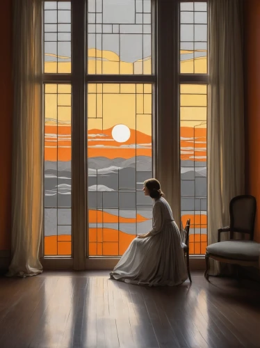 vettriano,heatherley,woman silhouette,orange robes,orange sky,house silhouette,silhouette art,langness,quietude,mcquarrie,world digital painting,friedrich,champney,girl in a long dress,photo painting,art silhouette,deviantart,orangefield,window curtain,window with sea view,Illustration,Vector,Vector 12