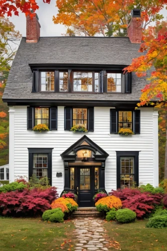 new england style house,old colonial house,henry g marquand house,fall landscape,country house,fall foliage,country cottage,oradell,haddonfield,new england,beautiful home,armonk,solebury,two story house,new england style,berkshires,sherborn,traditional house,restored home,autumn decor,Illustration,Abstract Fantasy,Abstract Fantasy 23