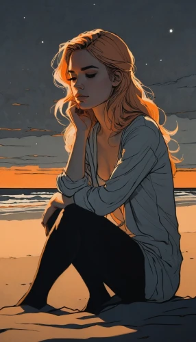 digital illustration,melancholia,worried girl,depressed woman,sunset glow,girl on the dune,dusk,beach background,digital painting,melancholic,serene,dusk background,melancholy,weary,sunset,reynir,digital drawing,burned out,desolate,digital art,Illustration,Black and White,Black and White 12