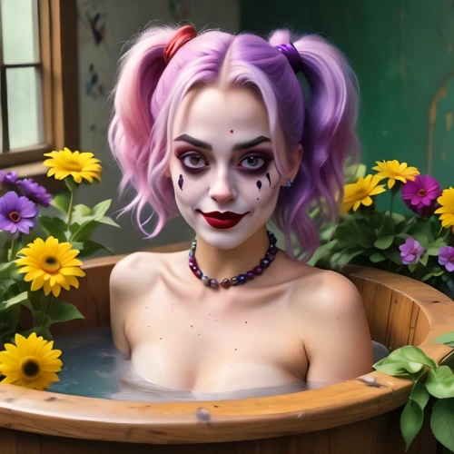 the girl in the bathtub,bathtub,harley quinn,bath,tub,mesmero,bath with milk,bathtubs,leela,milk bath,harley,puddin,bathing,jinx,bathwater,tubmex,digital painting,bathhouses,duela,taking a bath