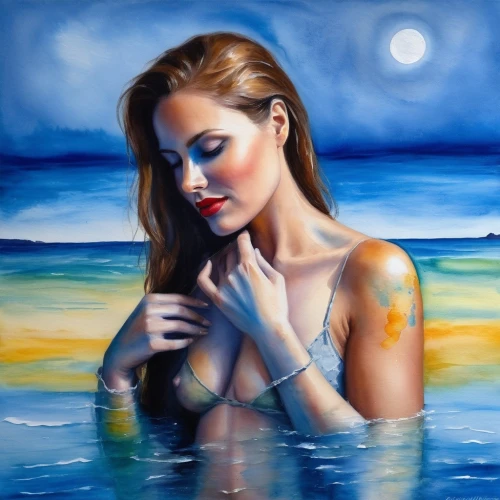 amphitrite,water nymph,world digital painting,photo painting,oil painting,oil painting on canvas,nereid,girl on the river,beach background,digital painting,bodypainting,bodypaint,art painting,azzurra,naiad,body painting,blue painting,blue hawaii,swimmer,margairaz,Illustration,Paper based,Paper Based 24