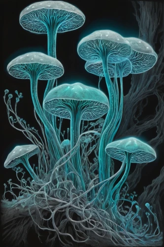 mycena,blue mushroom,mushroom landscape,cyanescens,mushrooms,marasmius,forest mushrooms,agarics,fungi,mycelial,conocybe,agaricales,fungal,psilocybin,psilocybe,cyanamid,toadstools,shrooms,mycelium,fungal science,Illustration,Black and White,Black and White 30