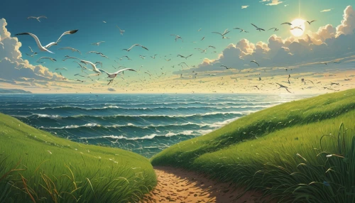 landscape background,nature background,windows wallpaper,sea landscape,the road to the sea,horizons,coastal landscape,cartoon video game background,the endless sea,background vector,nature wallpaper,ocean background,the wind from the sea,emerald sea,the horizon,background view nature,nature landscape,an island far away landscape,the sea,sun and sea,Illustration,Realistic Fantasy,Realistic Fantasy 12