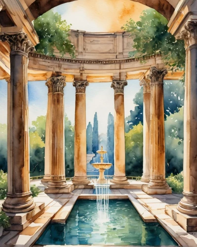 orangerie,artemis temple,greek temple,temple of diana,pallas athene fountain,water palace,panagora,roman bath,jardiniere,marble palace,pillars,pergola,ephesus,roman temple,neoclassicist,neoclassicism,garden of the fountain,neoclassical,villa borghese,fountain,Illustration,Paper based,Paper Based 25