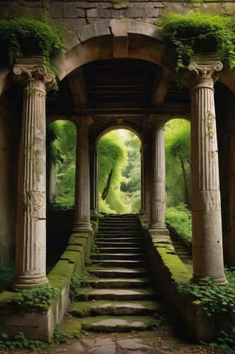 cartoon video game background,rivendell,the mystical path,fantasy picture,fantasy landscape,labyrinthian,archways,the ruins of the,hall of the fallen,nargothrond,artemis temple,the threshold of the house,moss landscape,bomarzo,doorways,winding steps,pathway,ancient city,the path,ancient house,Art,Classical Oil Painting,Classical Oil Painting 33
